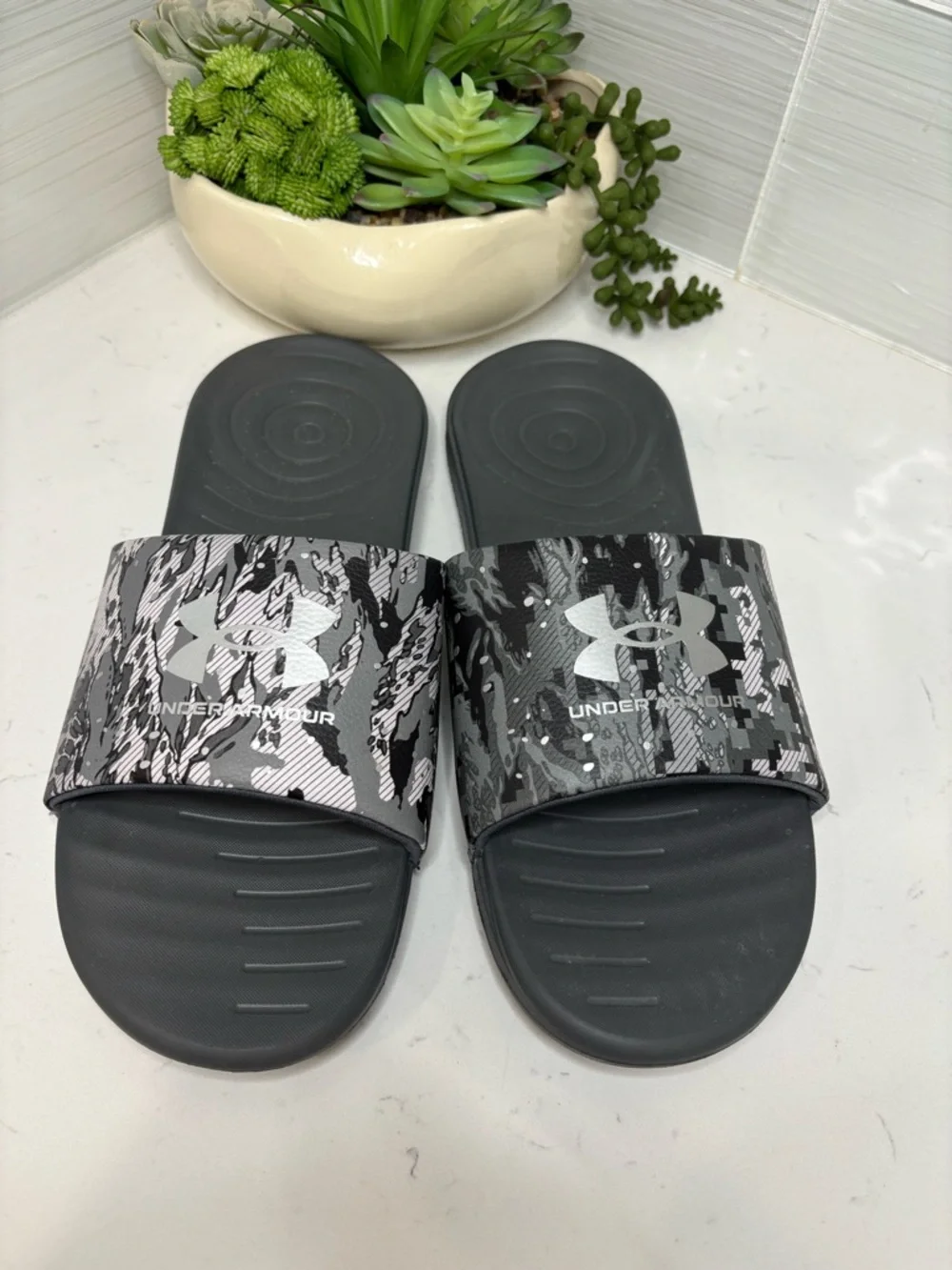Under Armour Ansa Size 12 Graphic Slides Gray Camo Off Court Slip On Flats Shoes